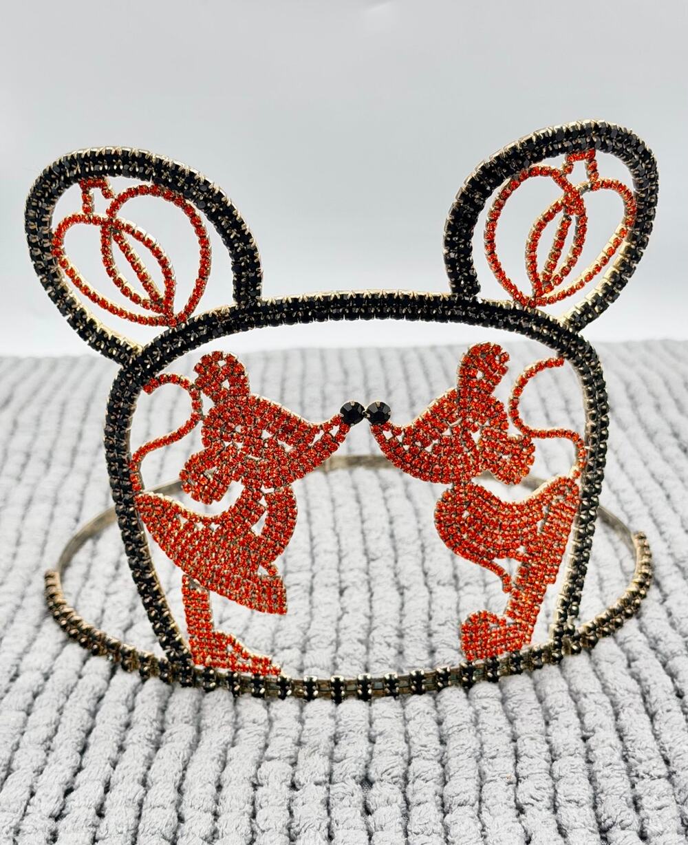 Vintage Large Rhinestone Metal Mickey & Minnie Tiara Crown Pageant Celebration